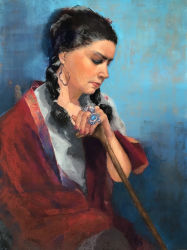 Pastel portrait inspired by Frida Kahlo of a dark haired woman lost in thought by Carolyn Hancock