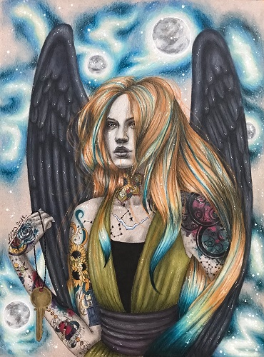 mixed media drawing of a woman with wings by Lux Wood