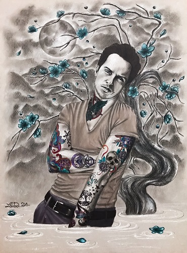 mixed media drawing of a man in a swamp with one hand and tattoos by Lux Wood