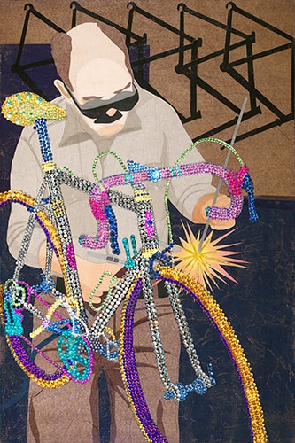 Mixed media collage of a bicyclist and his bicycle by Doug Dale