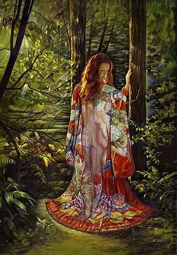 painting of a woman wearing a flowing robe in a forest by Kathryn Rutherford