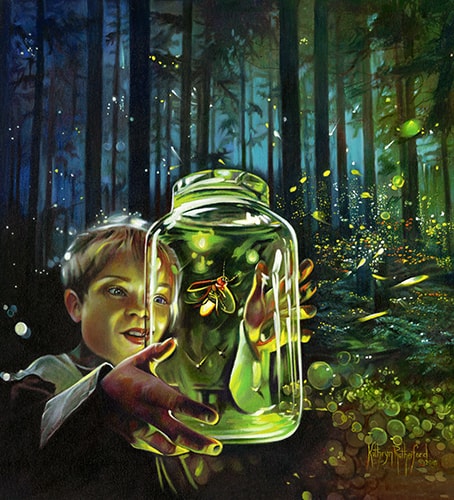 Painting of a young boy holding a jar filled with fireflies by Kathryn Rutherford