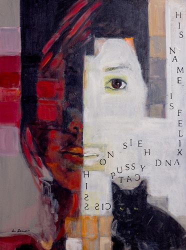 Pixelated portrait of a woman and a black cat by Eva Lewarne