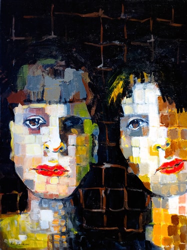 Pixelated painting of two women by Eva Lewarne