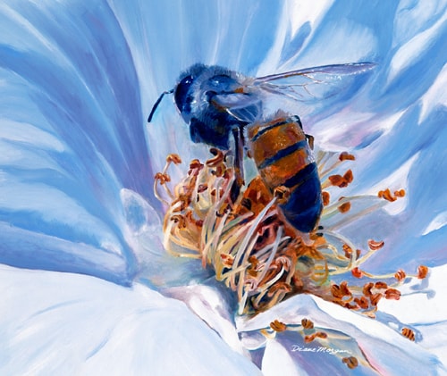 close up painting of a bee gathering pollen by Diane Morgan