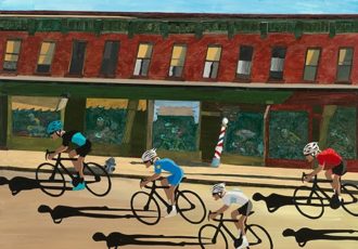Mixed media collage of a bicycle event through a town by Doug Dale