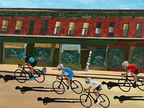 Mixed media collage of a bicycle event through a town by Doug Dale