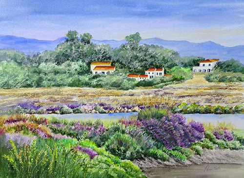 Mixed media painting of a Portuguese landscape by Tanis Bula