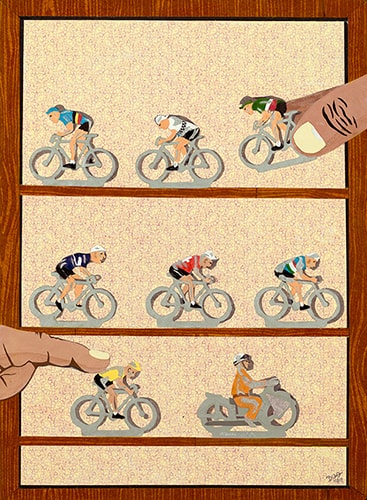 Mixed media collage of a shelf with miniature bicyclists by Doug Dale