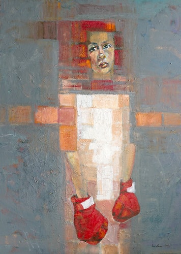 Pixelated portrait of a woman with boxing gloves by Eva Lewarne