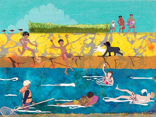 Mixed media collage of people playing and swimming on the beach by Doug Dale