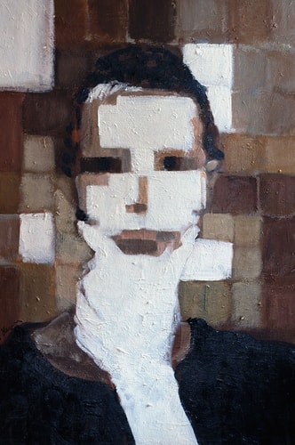 PIxelated portrait of a woman thinking by Eva Lewarne