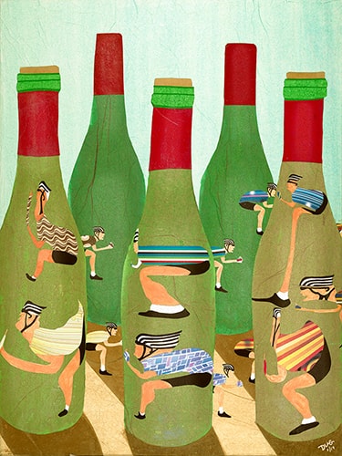 Mixed media collage of wine bottle with bicyclist graphics by Doug Dale