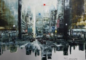 Oil painting of a city in the rain by Nathalie Lapointe