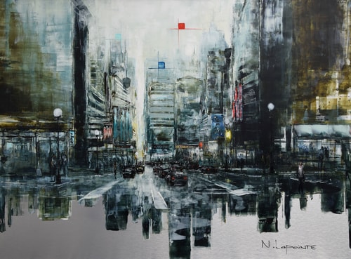 Oil painting of a city in the rain by Nathalie Lapointe