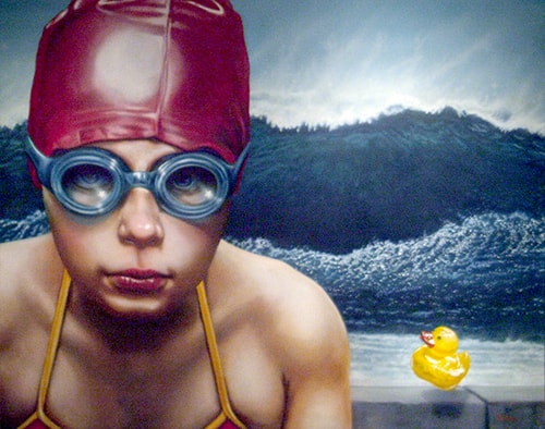 Painting of a young swimmer waiting to jump in a pool by Lance Rodgers