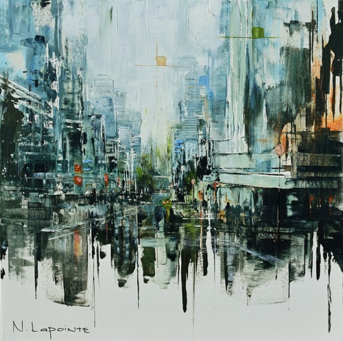 Oil painting of the city in spring by Nathalie Lapointe