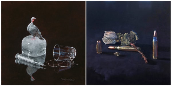 Two social commentary still life paintings side by side by Carolyn H. Edlund