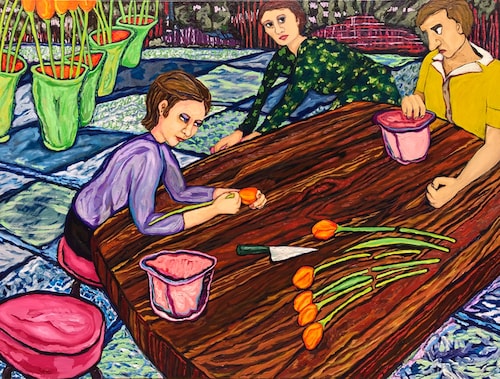 Painting of three women flower arranging by Gail Kolflat