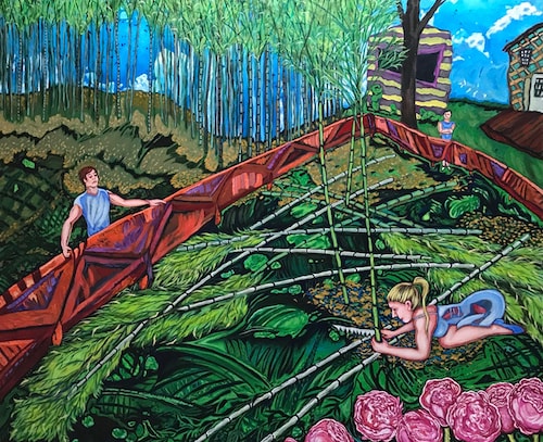 Painting of people cutting down encroaching bamboo by Gail Kolflat