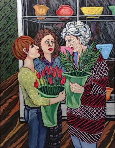 Painting of two younger woman speaking with an elderly woman in a flower shop by Gail Kolflat