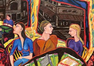 Painting of three women on a train conversing by Gail Kolflat