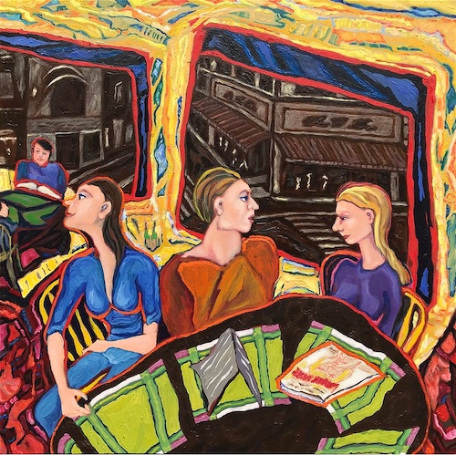 Painting of three women on a train conversing by Gail Kolflat