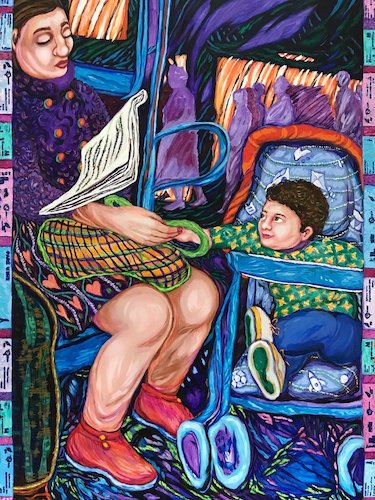 Painting of a child in a stroller and his mother on a bus by Gail Kolflat