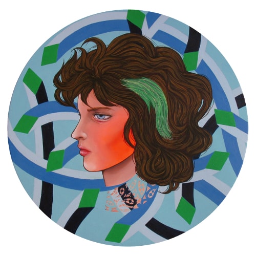 Stylized round portrait of a woman with rosy cheeks by Irene Raspollini