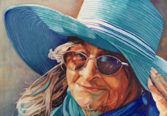 Watercolor portrait of an elderly woman in a hat by Sara Jane Parsons