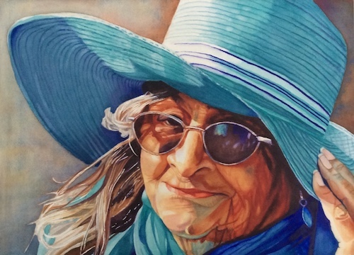 Watercolor portrait of an elderly woman in a hat by Sara Jane Parsons