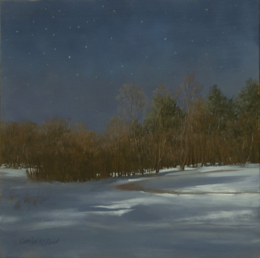 Oil painting of a snowy landscape under a starry night by Carolyn H. Edlund