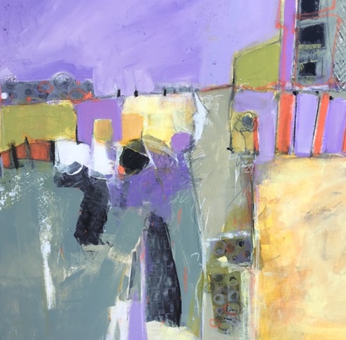 Abstract mixed media painting of a lavender hued village by Liz Cole