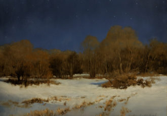 Oil painting of moonlight over a snowy field by Carolyn H. Edlund