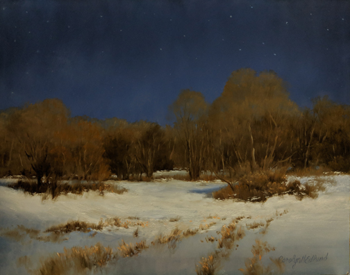 Oil painting of moonlight over a snowy field by Carolyn H. Edlund
