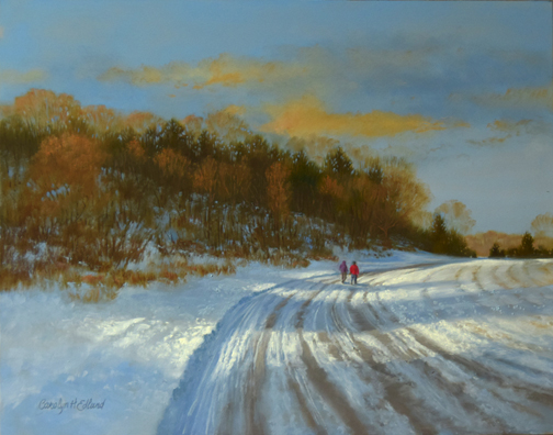 Oil landscape painting of two figures walking down a snow covered road by Carolyn H. Edlund