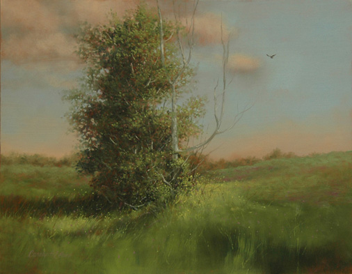 Oil painting of a field with one tree by Carolyn H. Edlund