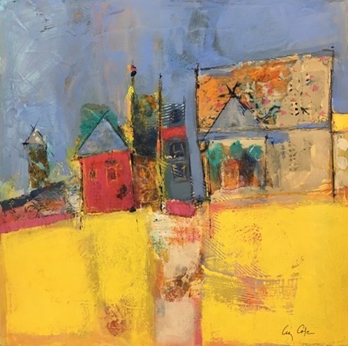 Abstract painting of houses on a street by Liz Cole