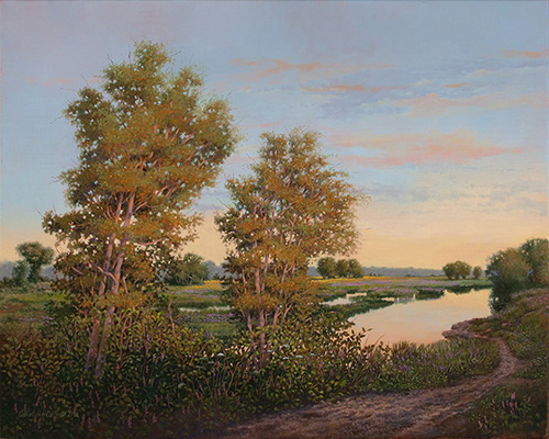 Oil painting of a landscape with a stream and trees by Carolyn H. Edlund