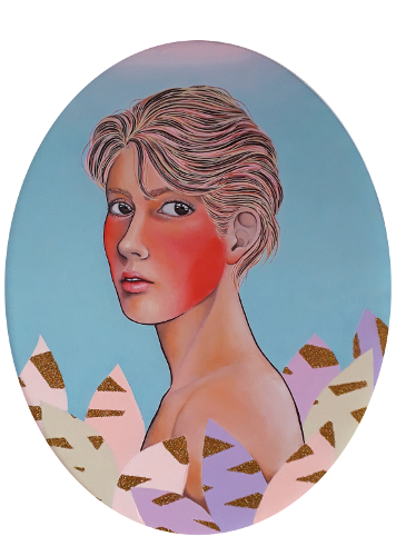Oval stylized portrait of a young woman with rosy cheeks by Irene Raspollini