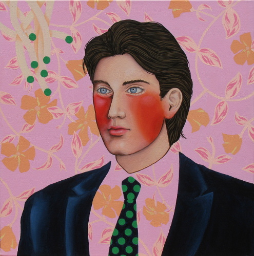 Stylized portrait of a young man in a suit with rosy cheeks by Irene Raspollini