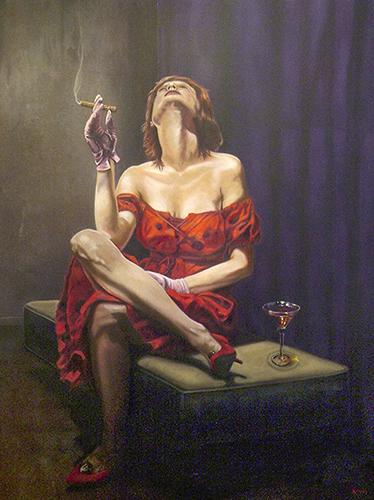 Painting of a woman in a red dress drinking and smoking by Lance Rodgers