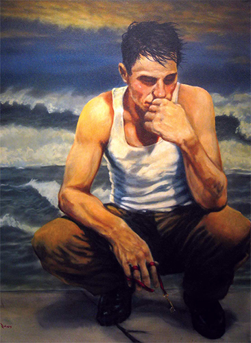 Painting of a yong man on the beach lost in thought by Lance Rodgers