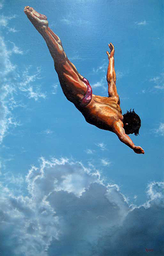 Painting of a young man diving into the ocean by Lance Rodgers