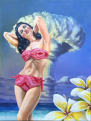 Painting of a bikini clad woman in front of an atomic mushroom cloud over the ocean by Lance Rodgers