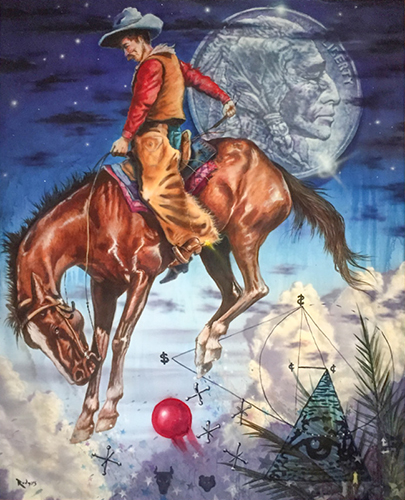 Political painting of a cowboy riding a volatile market by Lance Rodgers