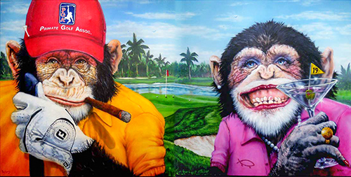Painting of two chimpanzees playing golf by Lance Rodgers
