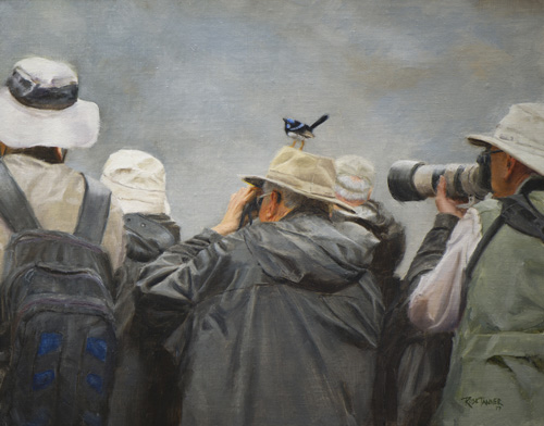Oil painting of birders with a bird on one of their heads by Rose Tanner