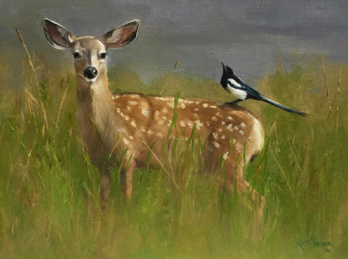 Oil painting of a bird sitting on a deer's rump by Rose Tanner