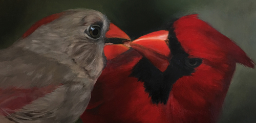 Oil portrait of a male and female cardinal by Rose Tanner